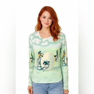 Vintage 70s Polyester Graphic Top Novelty Print Long Sleeve